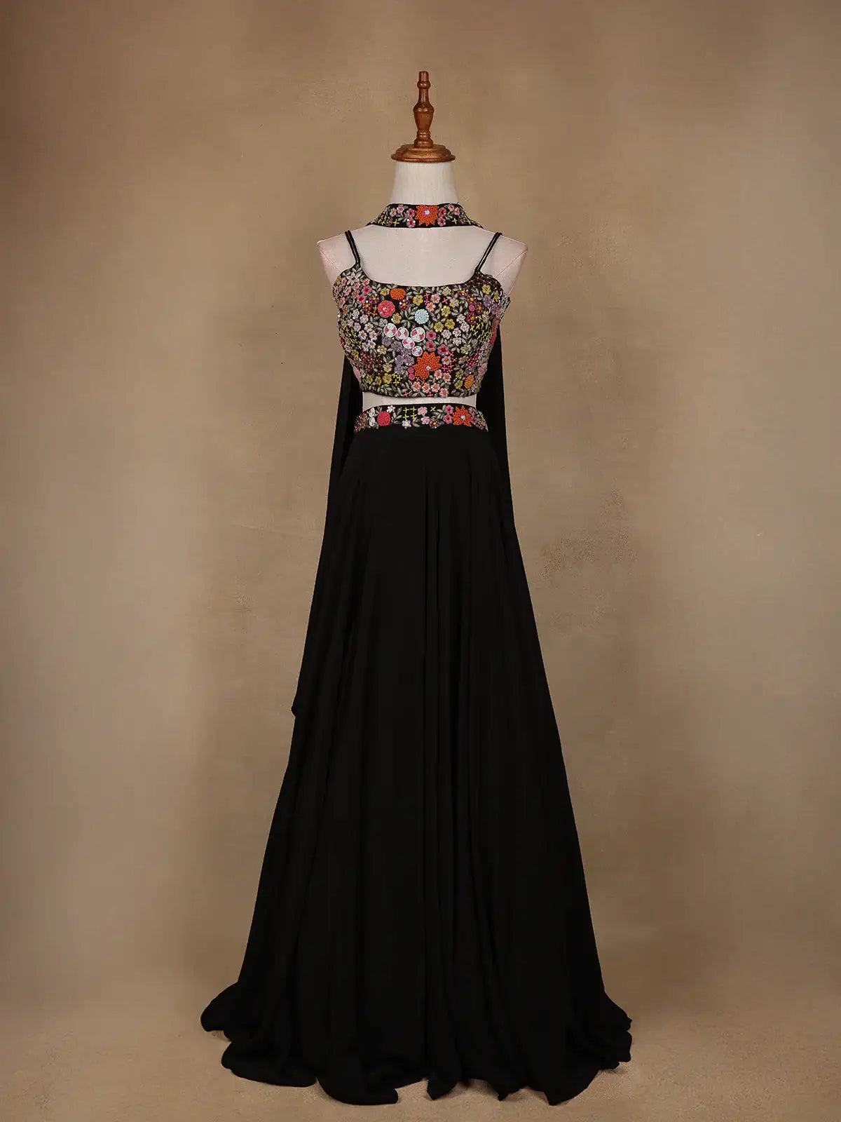 Black Floral Embroidered Satin Lehenga - Diadem