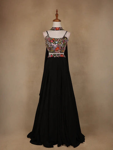 Black Floral Embroidered Satin Lehenga - Diadem
