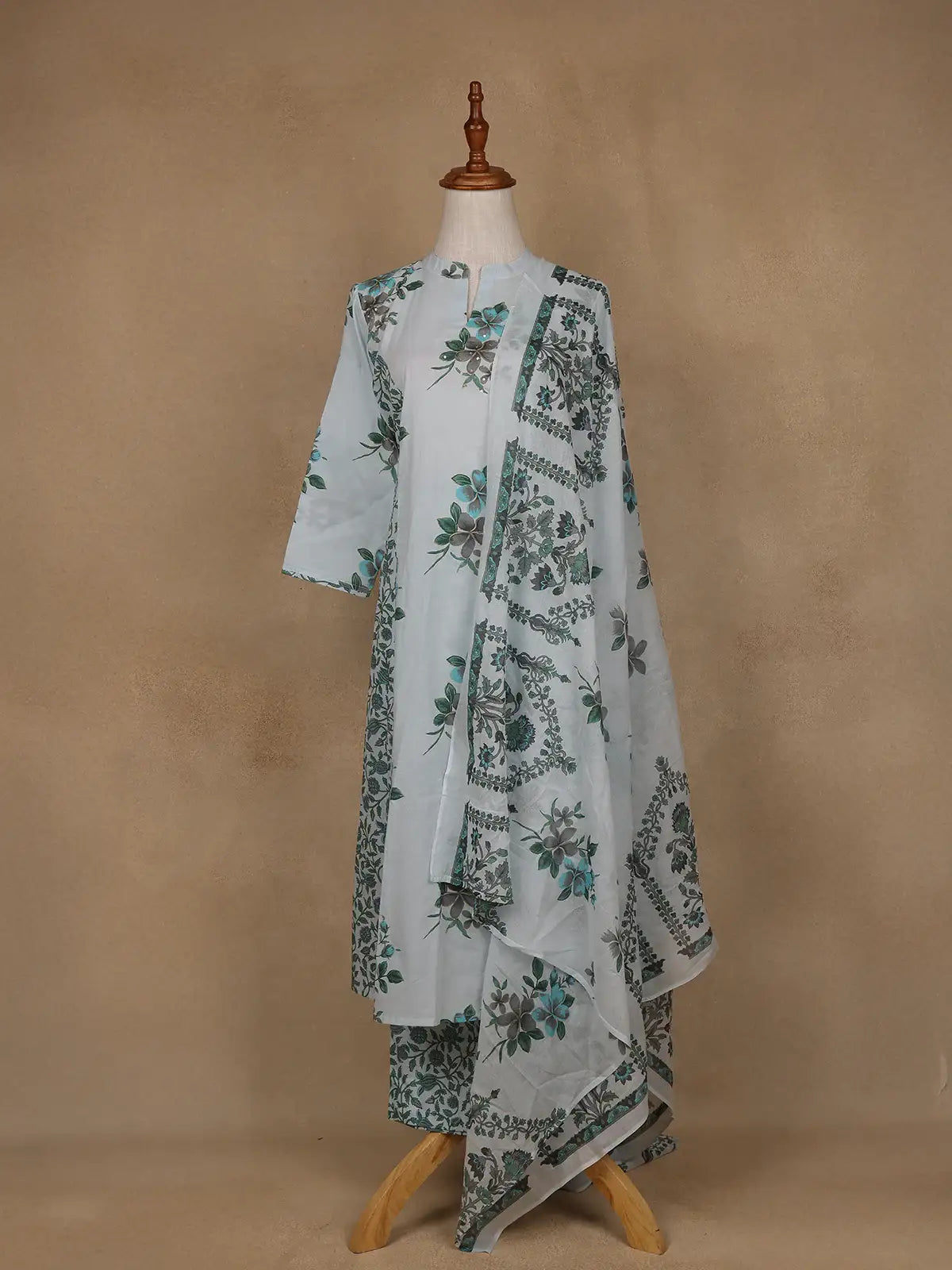 Sky Blue Floral Design Printed Cotton Salwar Suit - Diadem
