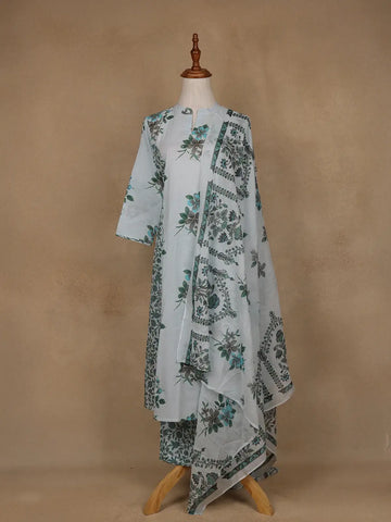 Sky Blue Floral Design Printed Cotton Salwar Suit - Diadem