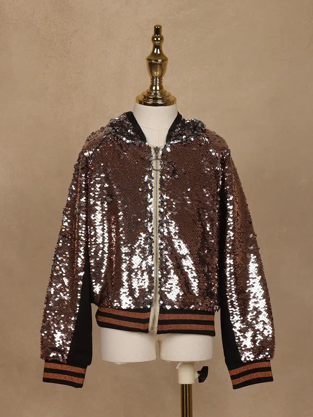 Black with Bronze Sequins Embellished Hoodie Jacket - Diadem