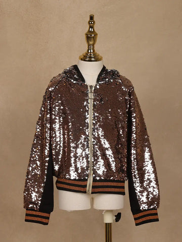 Black with Bronze Sequins Embellished Hoodie Jacket - Diadem