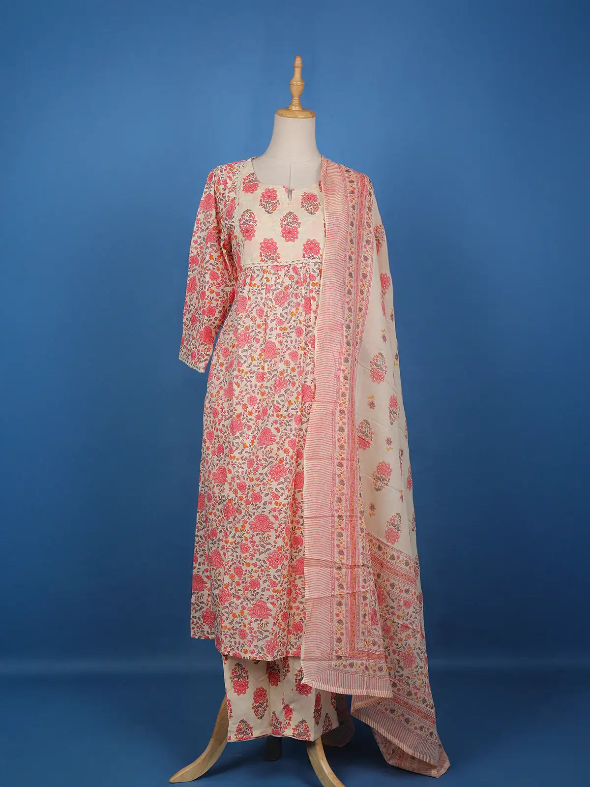Ivory Floral Printed Cotton Salwar Suit - Diadem