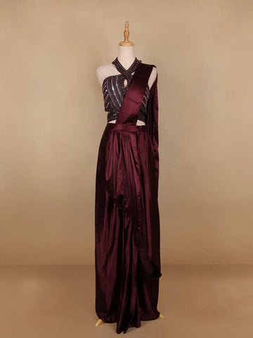 Dark Red Embroidery Satin Ready To Wear Saree with Designer Blouse - Diadem