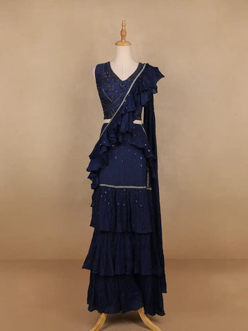 Dark Blue Embroidery Crepe Ready To Wear Saree with Designer Blouse - Diadem