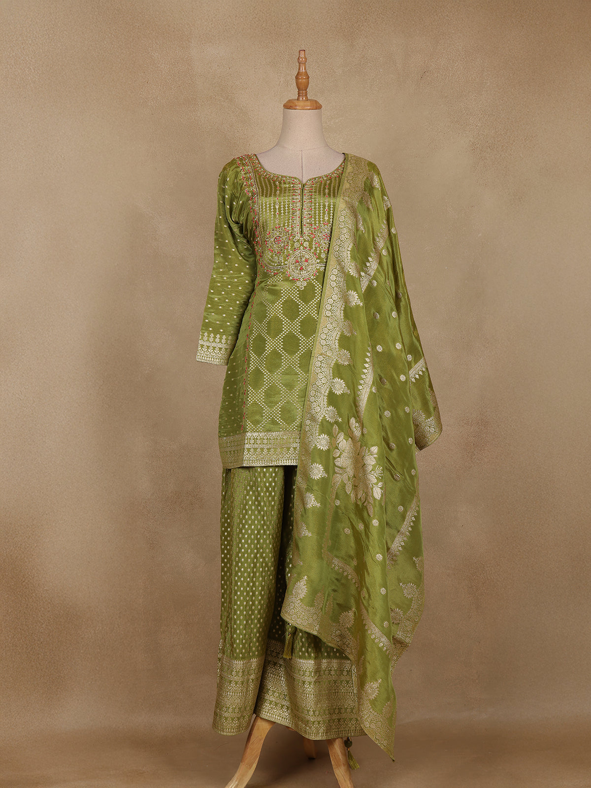 Light Green Geometric Design Semi Silk Palazzo Salwar Suit with Dupatta