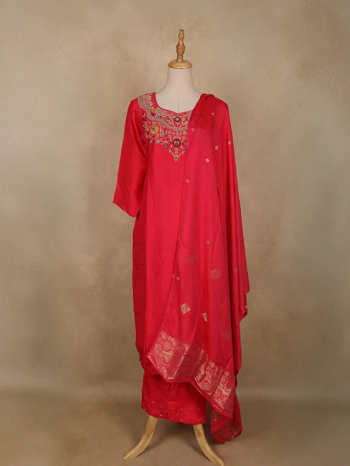 Bright Red Floral Embroidered Silk Cotton Salwar Suit - Diadem