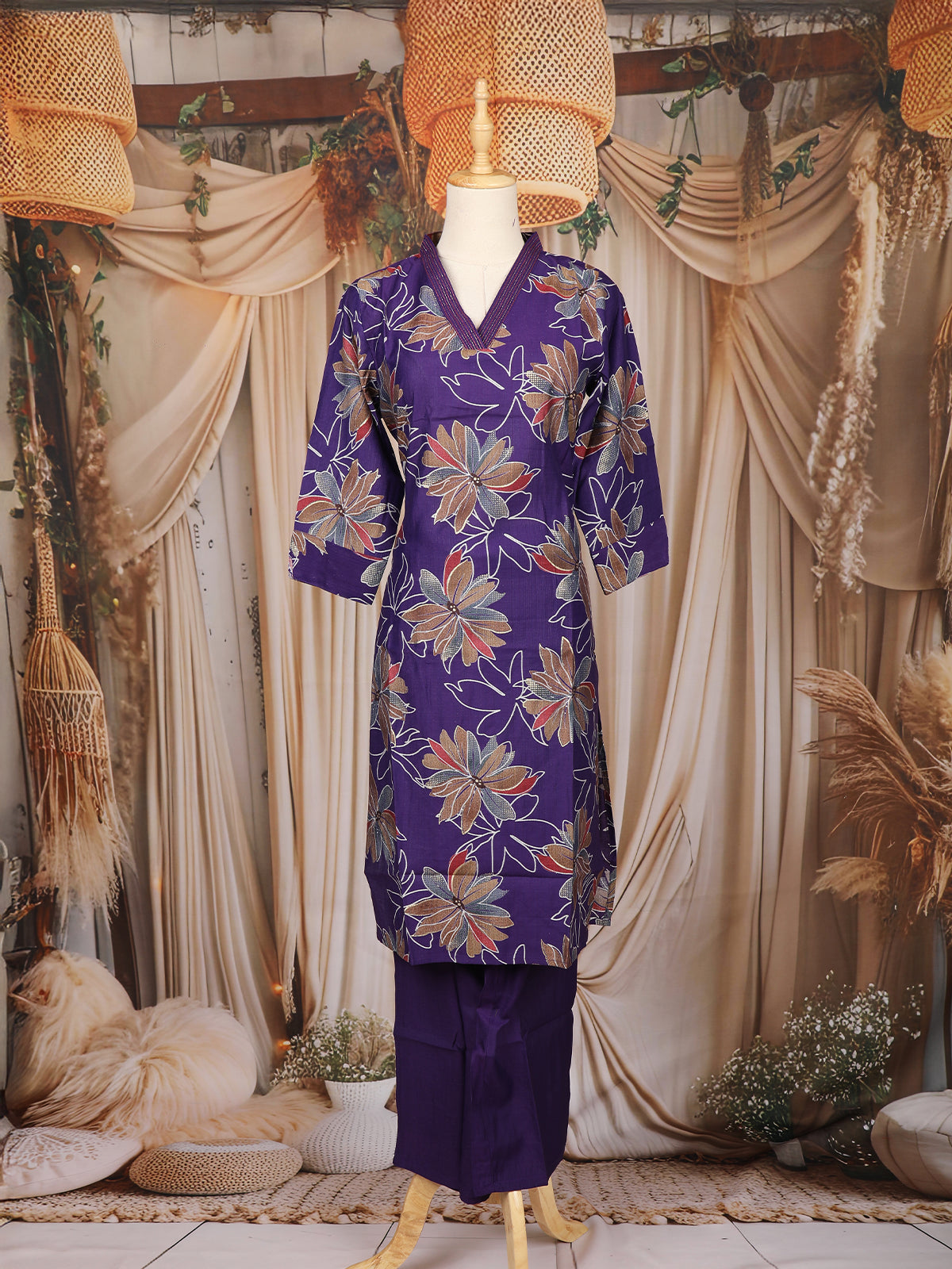 Purple Floral Printed Cotton Salwar Suit with Dupatta