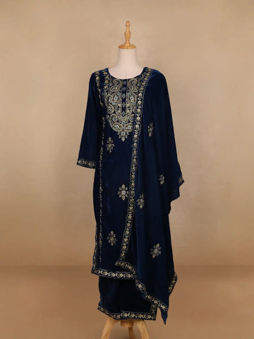 Blue Floral Designed Velvet Co Ord Salwar Suit - Diadem