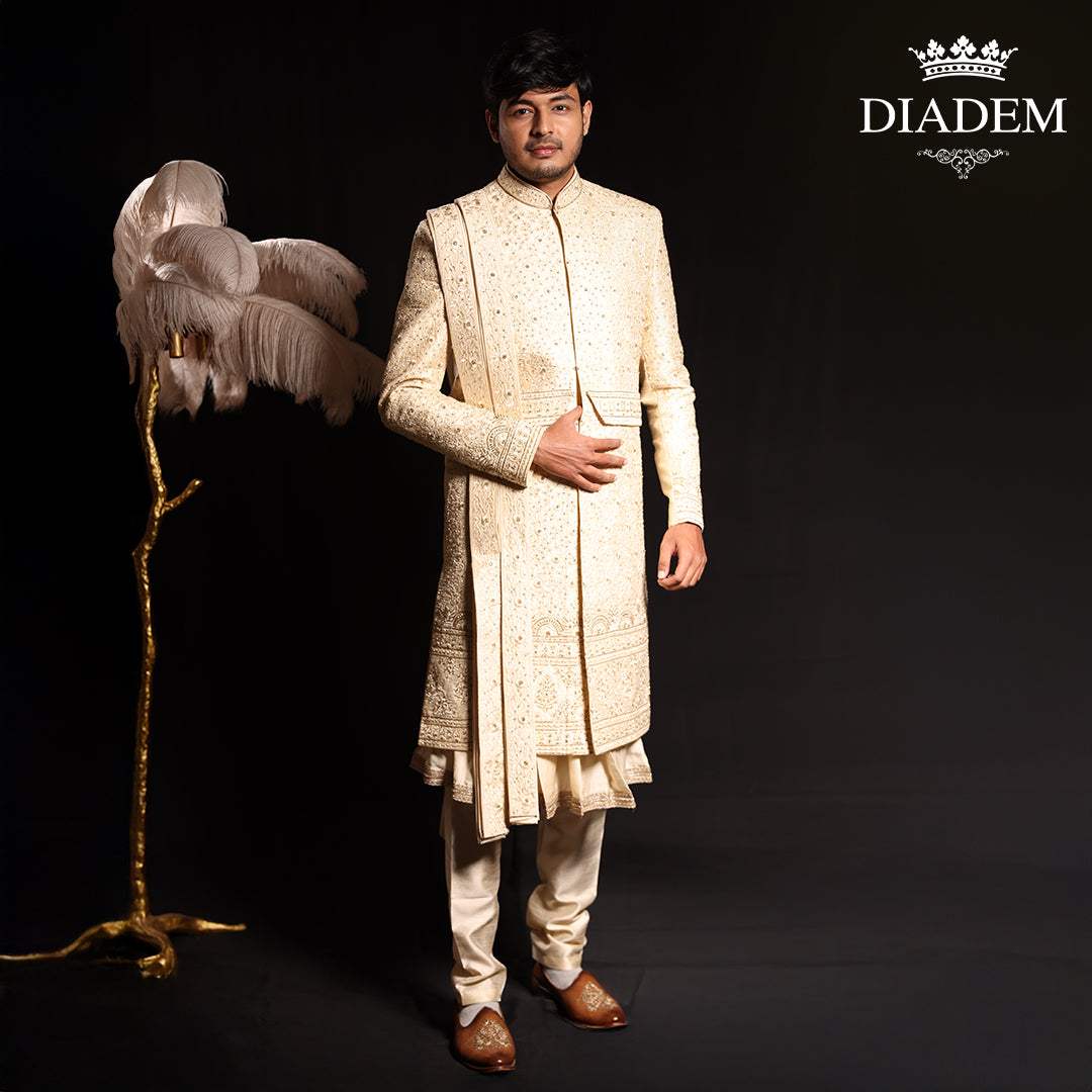 Cream White Raw Silk Floral Designed Sherwani Suit - Diadem