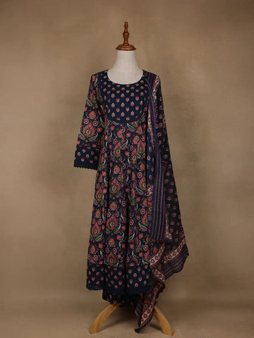 Navy Blue Floral Design Printed Cotton Salwar Suit - Diadem