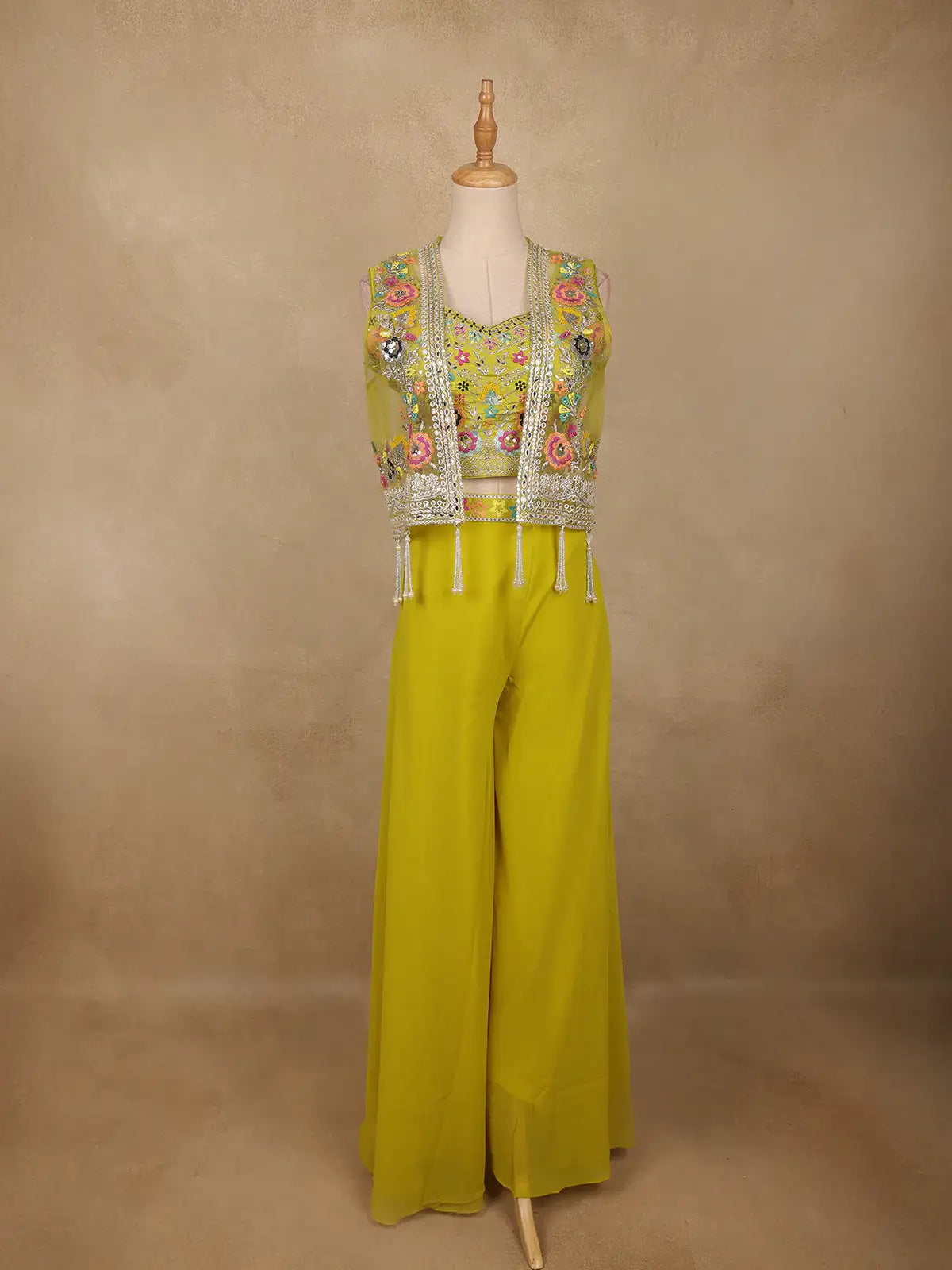 Lime Yellow Floral Sequins Embroidery Palazzo Suit - Diadem