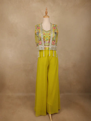 Lime Yellow Floral Sequins Embroidery Palazzo Suit - Diadem