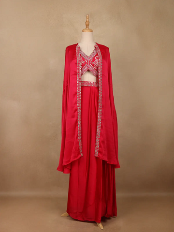 Vibrant Red Sequin Embellished Georgette Crop Top with Draped Skirt - Diadem