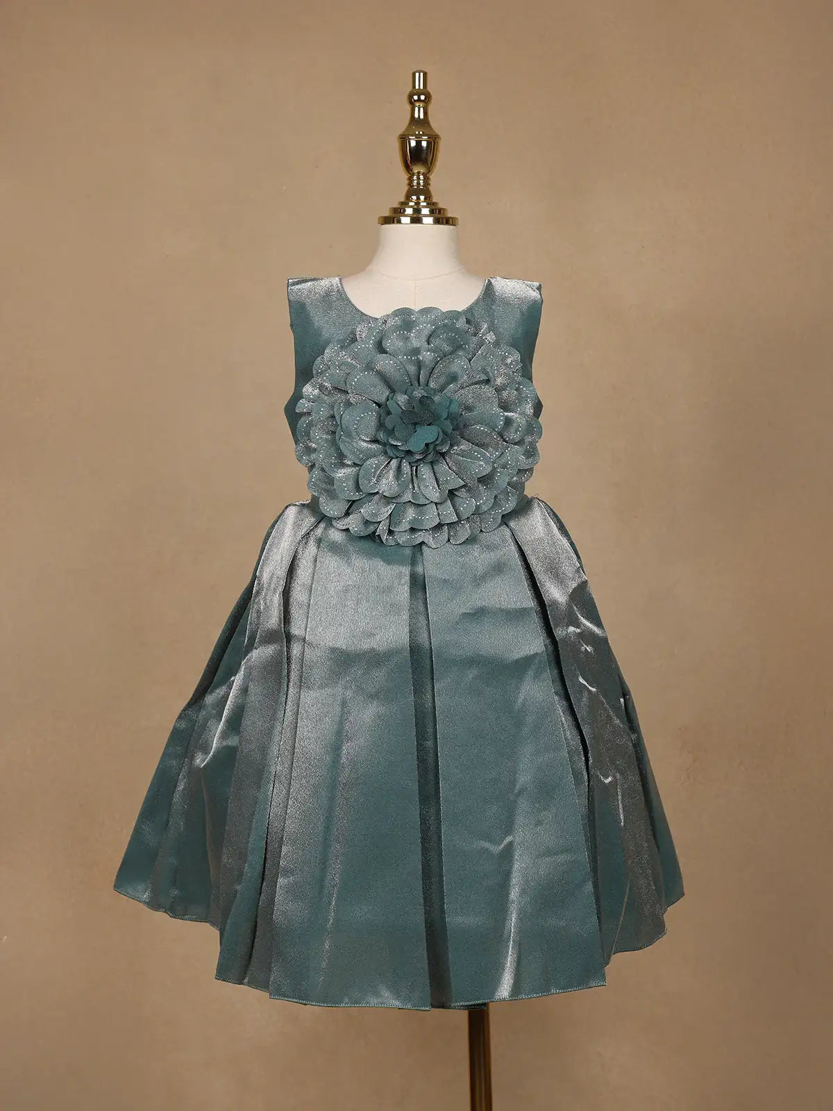 Teal Green Metallic Shine Party Frock with Oversized Glitter Floral Embellishment - Diadem