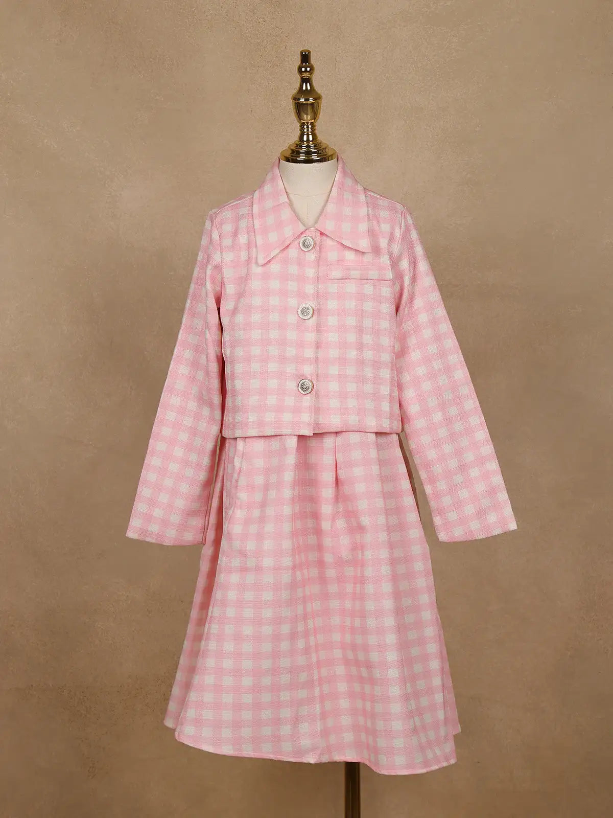 White and Pink Checkered Cotton Blend Skirt and Top Set - Diadem
