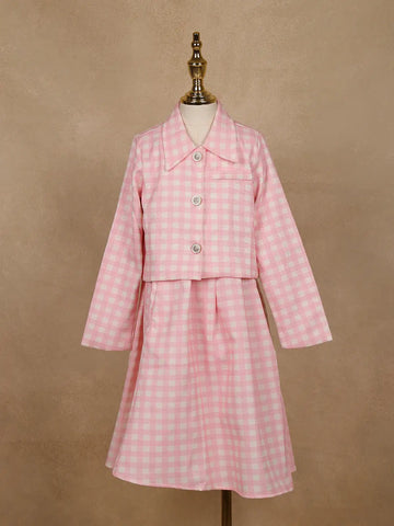 White and Pink Checkered Cotton Blend Skirt and Top Set - Diadem