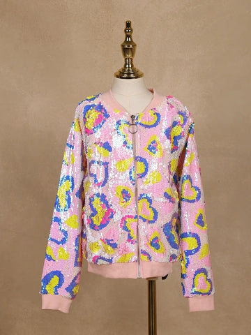 Light Pink Sequined Full-Sleeve Bomber Jacket - Diadem