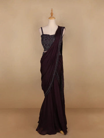 Dark Red Embroidery Crepe Ready To Wear Saree with Designer Blouse - Diadem