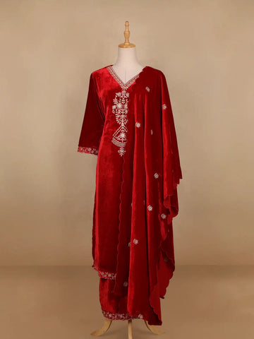 Red Floral Designed Velvet Co Ord Salwar Suit - Diadem
