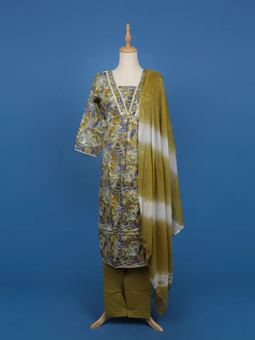 Olive Green Floral Printed Cotton Salwar Suit - Diadem