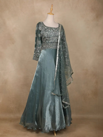 Blue Floral Embroidered Organza Bridesmaids Lehenga - Diadem
