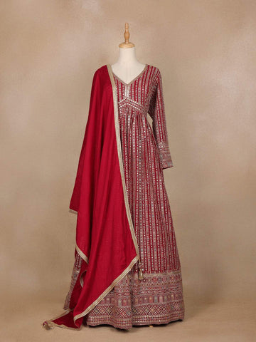 Dark Red Sequins Embroidery Georgette Gown and Dupatta - Diadem