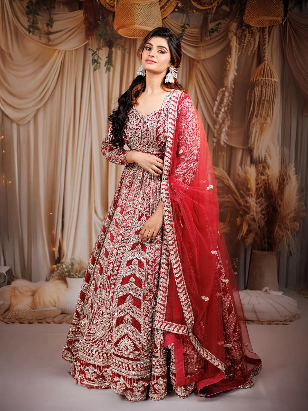 Red Floral and Paisley Embroidered Velvet Bridal Lehenga - Diadem