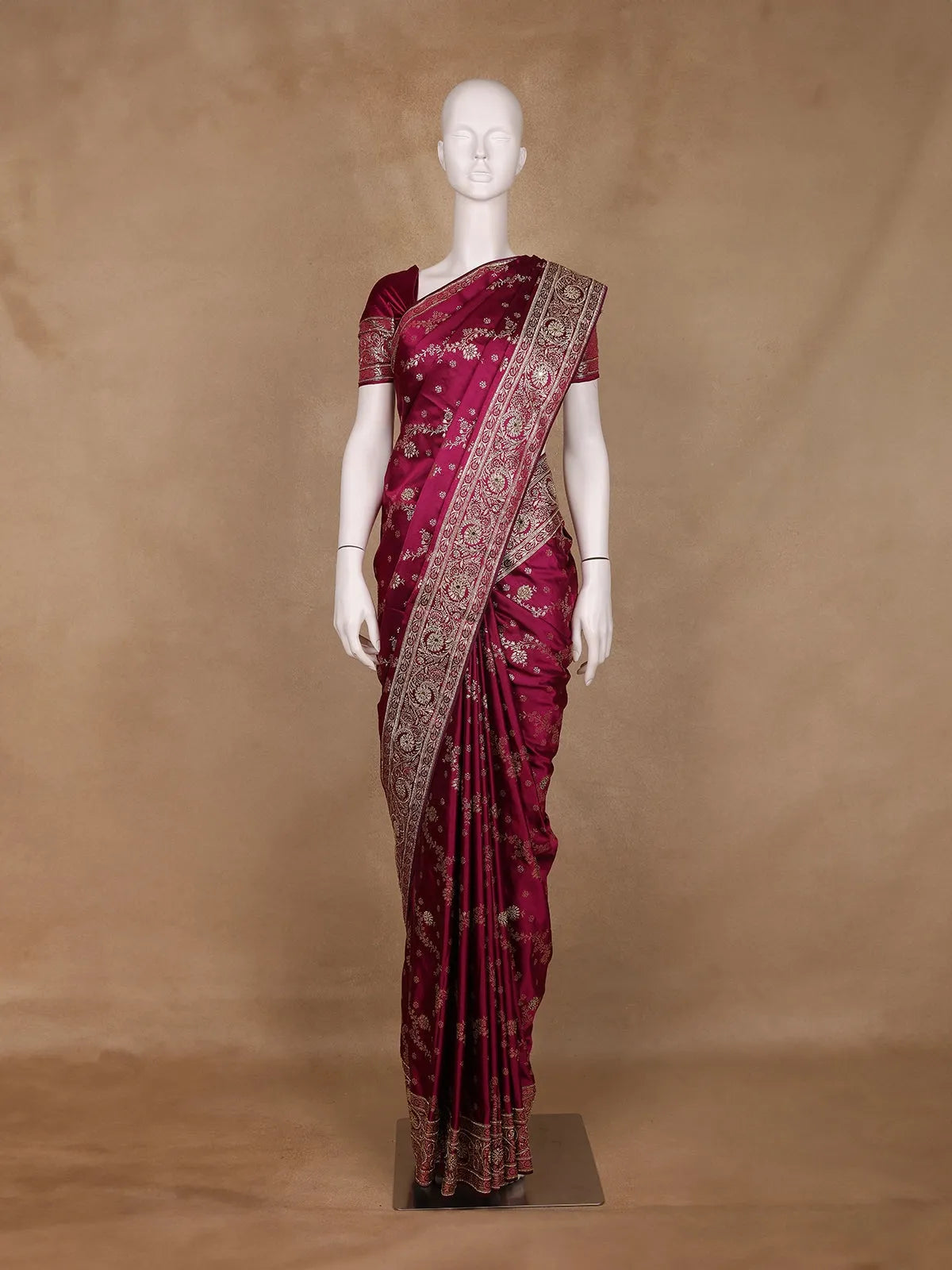 Dark Pink Floral Designed Bridal Banarasi Silk Saree - Diadem