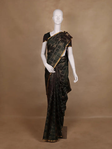 Deep Bottle Green Small Checked Peacock Motif Kanchipuram Silk Saree - Diadem