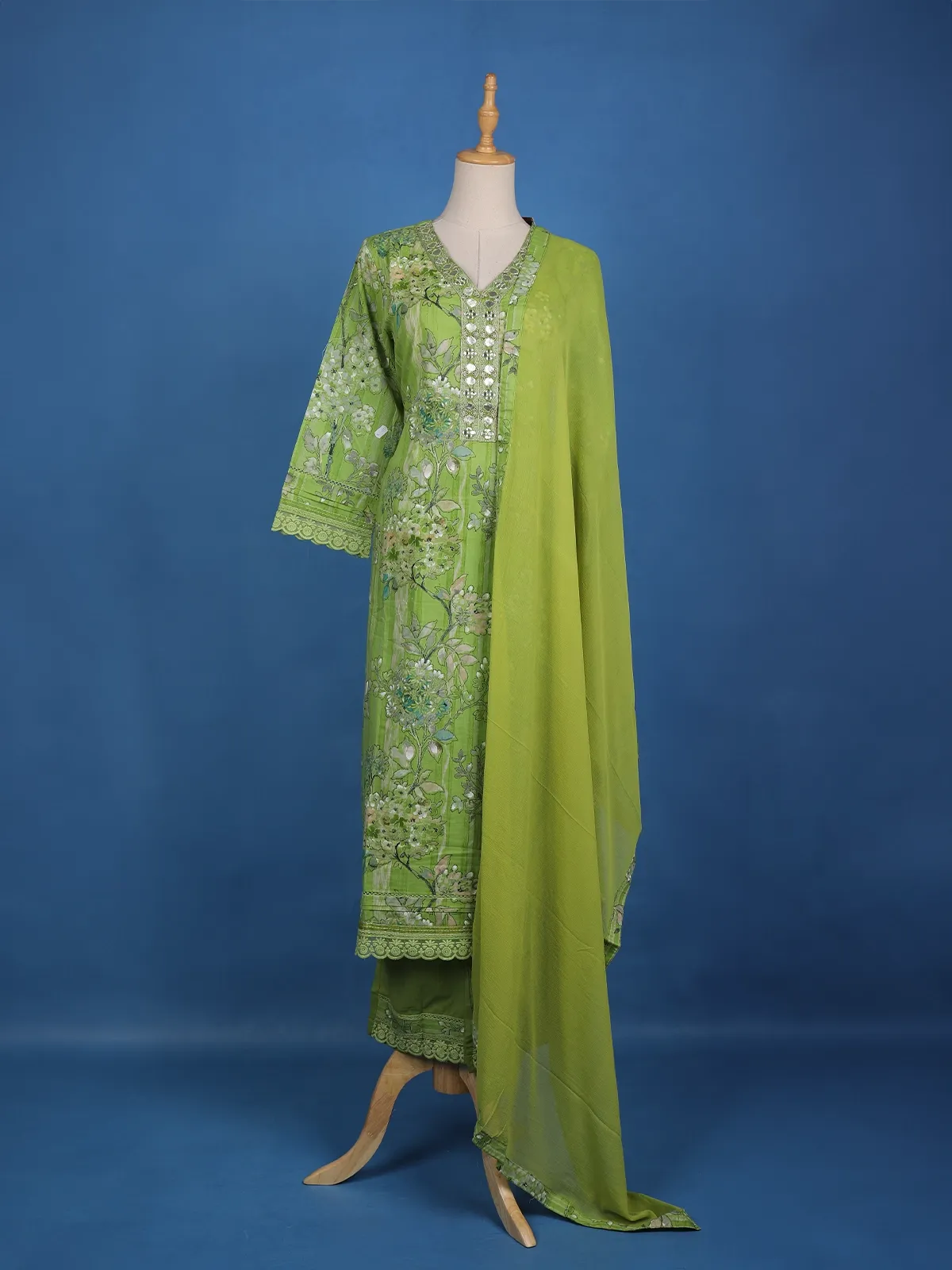 Green Floral Designed Cotton Salwar Suit - Diadem