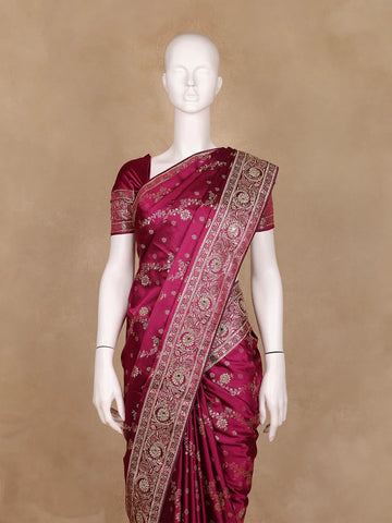 Dark Pink Floral Designed Bridal Banarasi Silk Saree - Diadem
