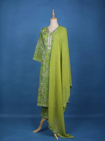 Green Floral Designed Cotton Salwar Suit - Diadem