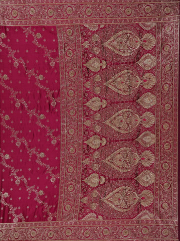 Dark Pink Floral Designed Bridal Banarasi Silk Saree - Diadem