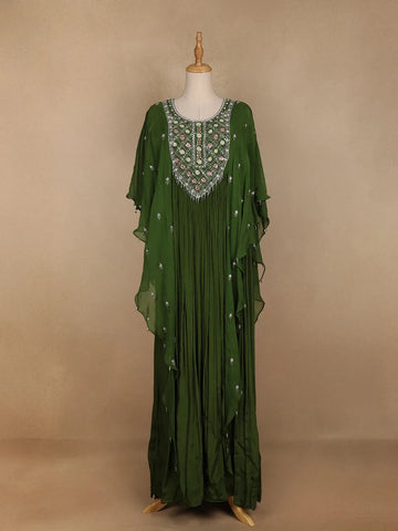 Green Floral Printed IndoWestern Crepe Gown - Diadem