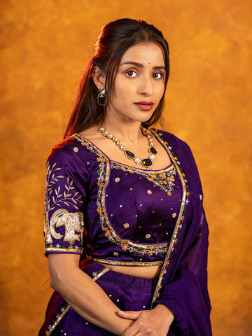 Dark Purple Floral Embroidered Raw Silk Bridesmaid Lehenga - Diadem