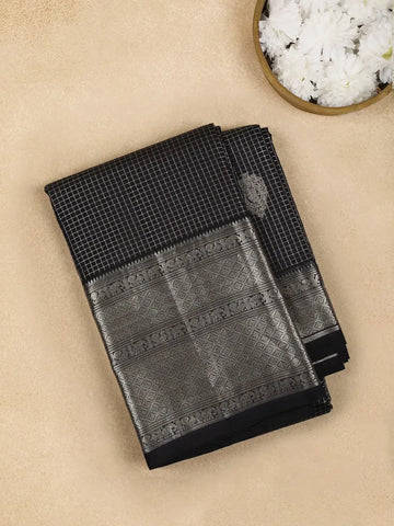 Black Checked Woven Pure Kanchipuram Silk Saree - Diadem
