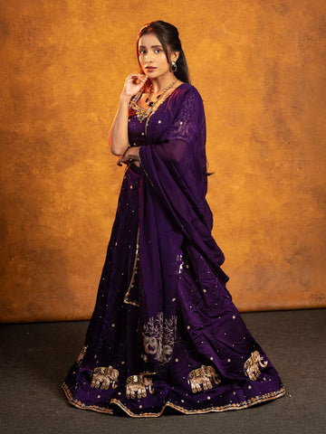 Dark Purple Floral Embroidered Raw Silk Bridesmaid Lehenga - Diadem