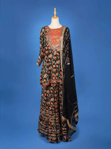 Black Cotton Sharara salwar Suit Adorned with Printed Floral Design and Embroidery Mirror work Paired with Dupatta - Diadem