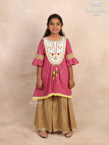 Pink Cotton Sharara Set with Printed and Embroidered Top - Diadem