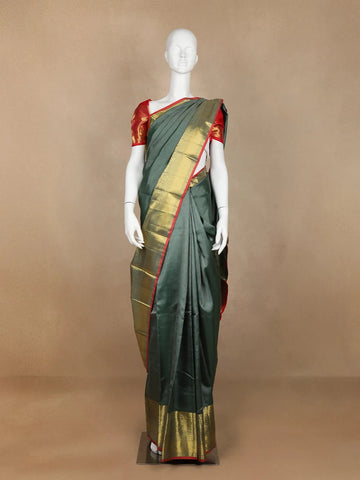 Dark grey Pure Kanchipuram Silk Saree Stipes with Zari Border - Diadem
