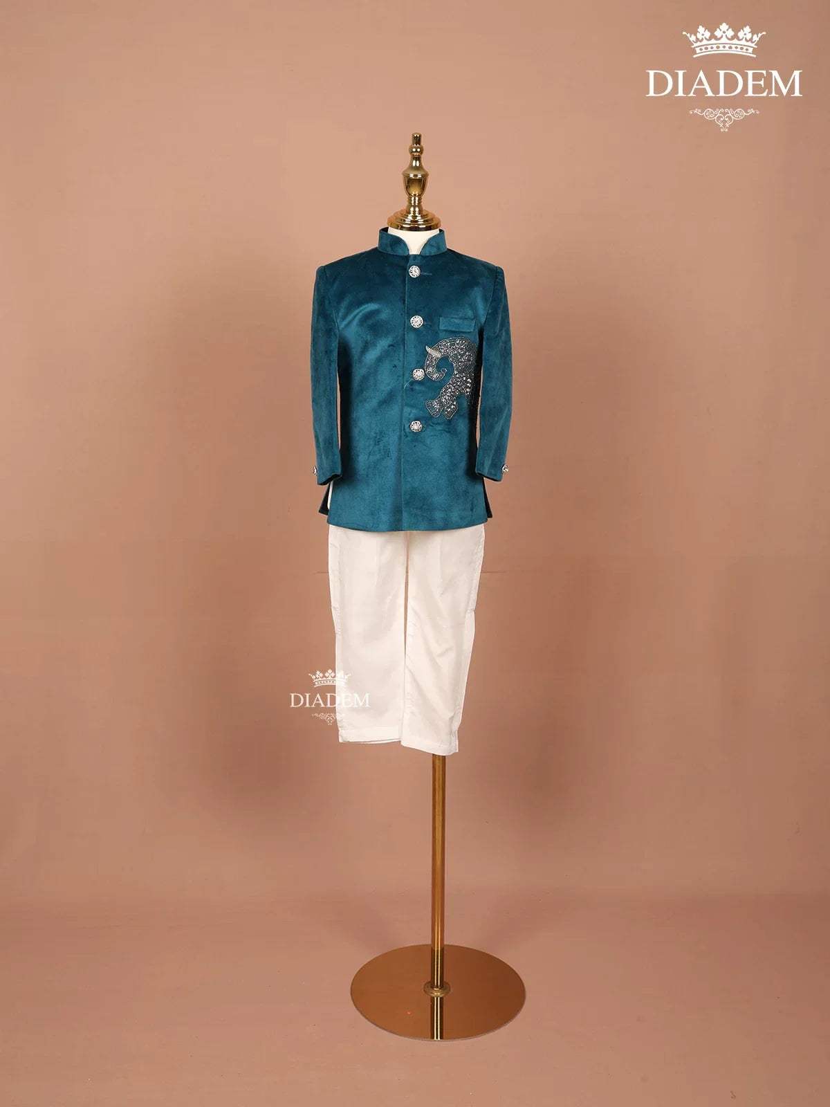 Teal Velvet Indo-Western Sherwani Set with Embroidery - Diadem