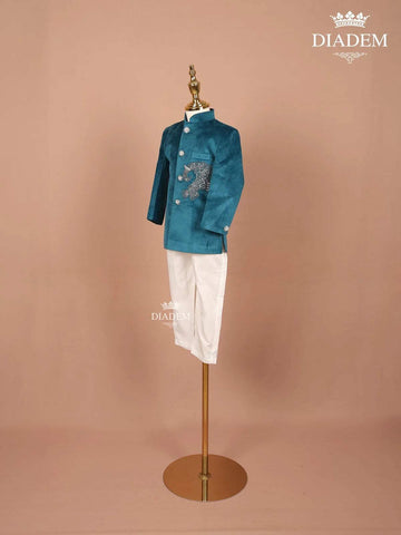 Teal Velvet Indo-Western Sherwani Set with Embroidery - Diadem