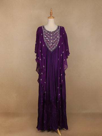 Violet Floral Embroidery IndoWestern Crepe Gown - Diadem