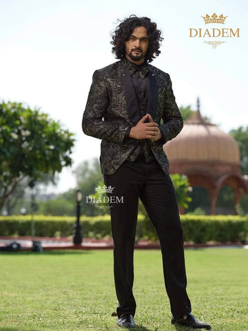 Black Jacquard 3-Piece Suit with Matching Blazer Coat - Diadem