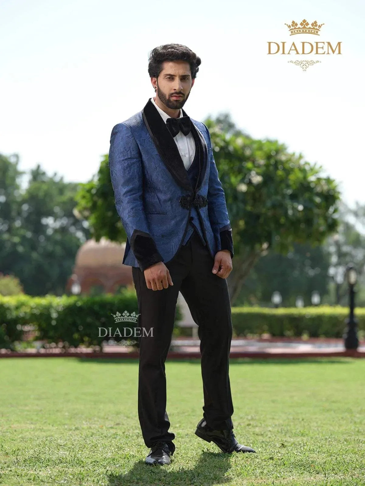 Royal Blue Jacquard 3-Piece Suit with Blazer Coat - Diadem