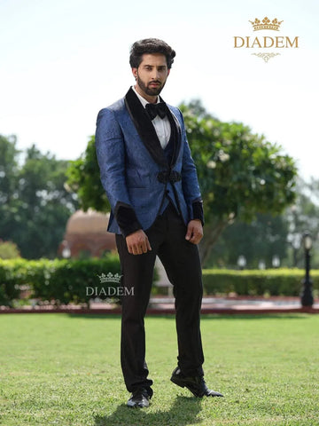Royal Blue Jacquard 3-Piece Suit with Blazer Coat - Diadem
