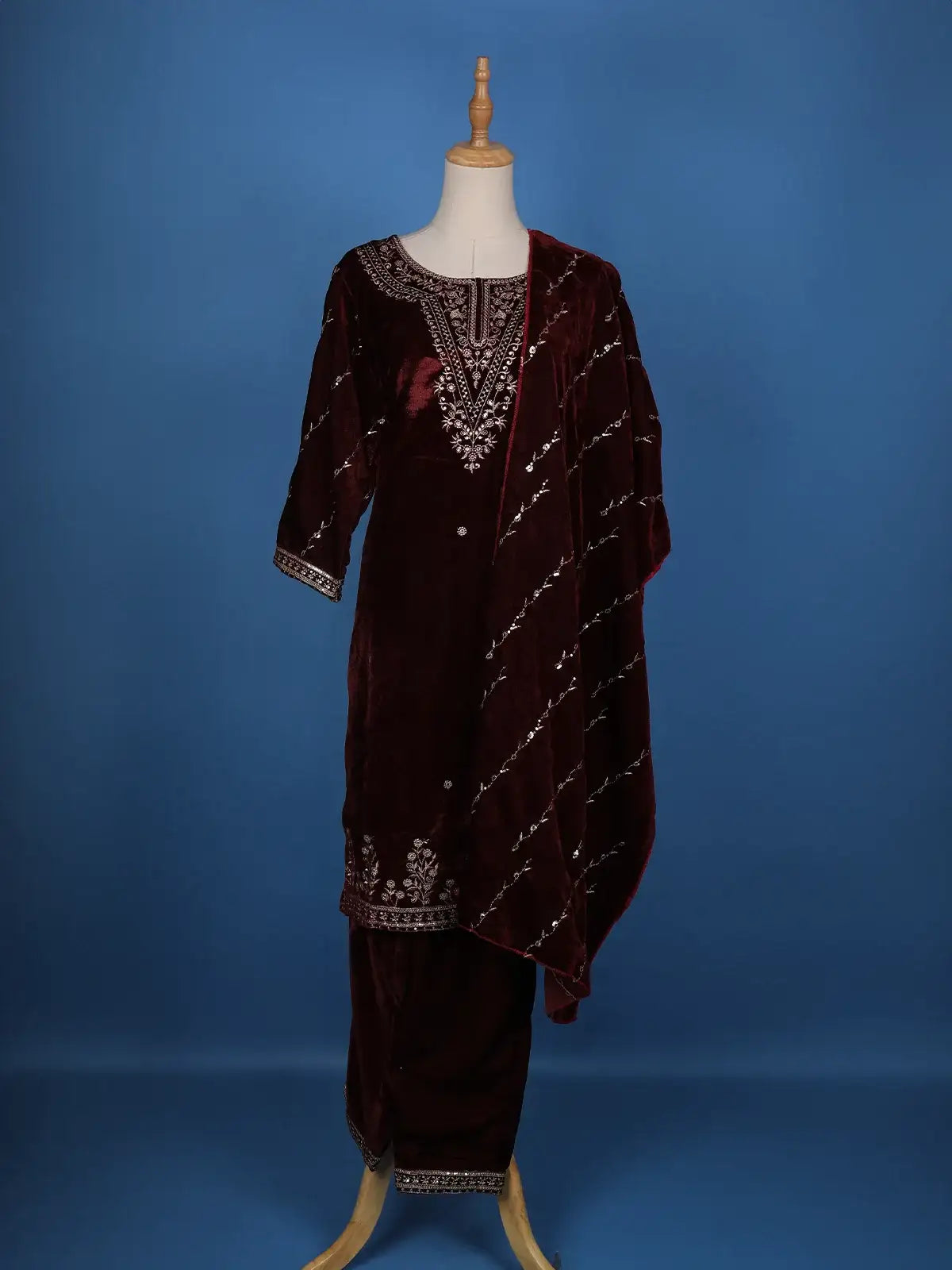 Dark Red Floral Designed Velvet Salwar Suit - Diadem