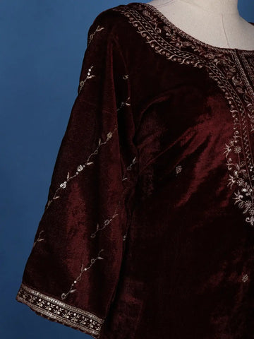 Dark Red Floral Designed Velvet Salwar Suit - Diadem
