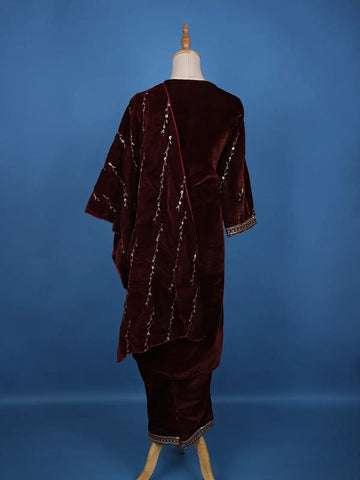 Dark Red Floral Designed Velvet Salwar Suit - Diadem